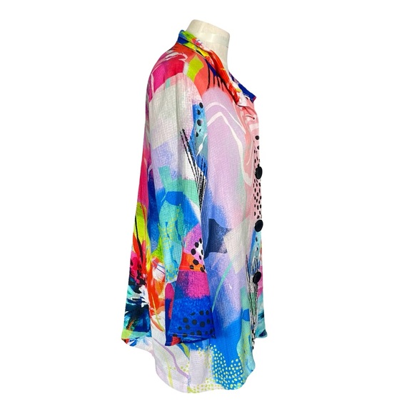 Ali Mikes Multi-colored Bell Sleeve Wire Point Collar Abstract Blouse Sz L - Picture 3 of 9